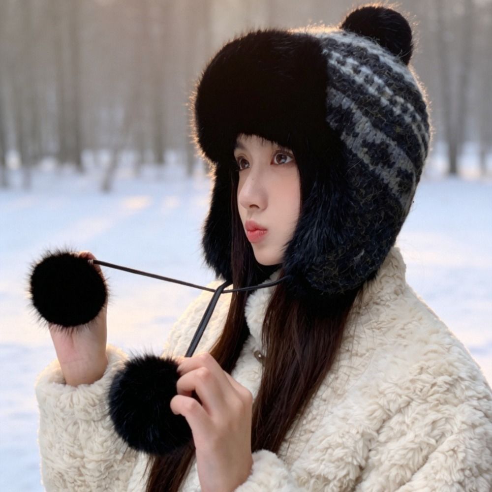 Winter Trapper Hat - Stijlvolle gebreide polyester trappermuts met pompons,